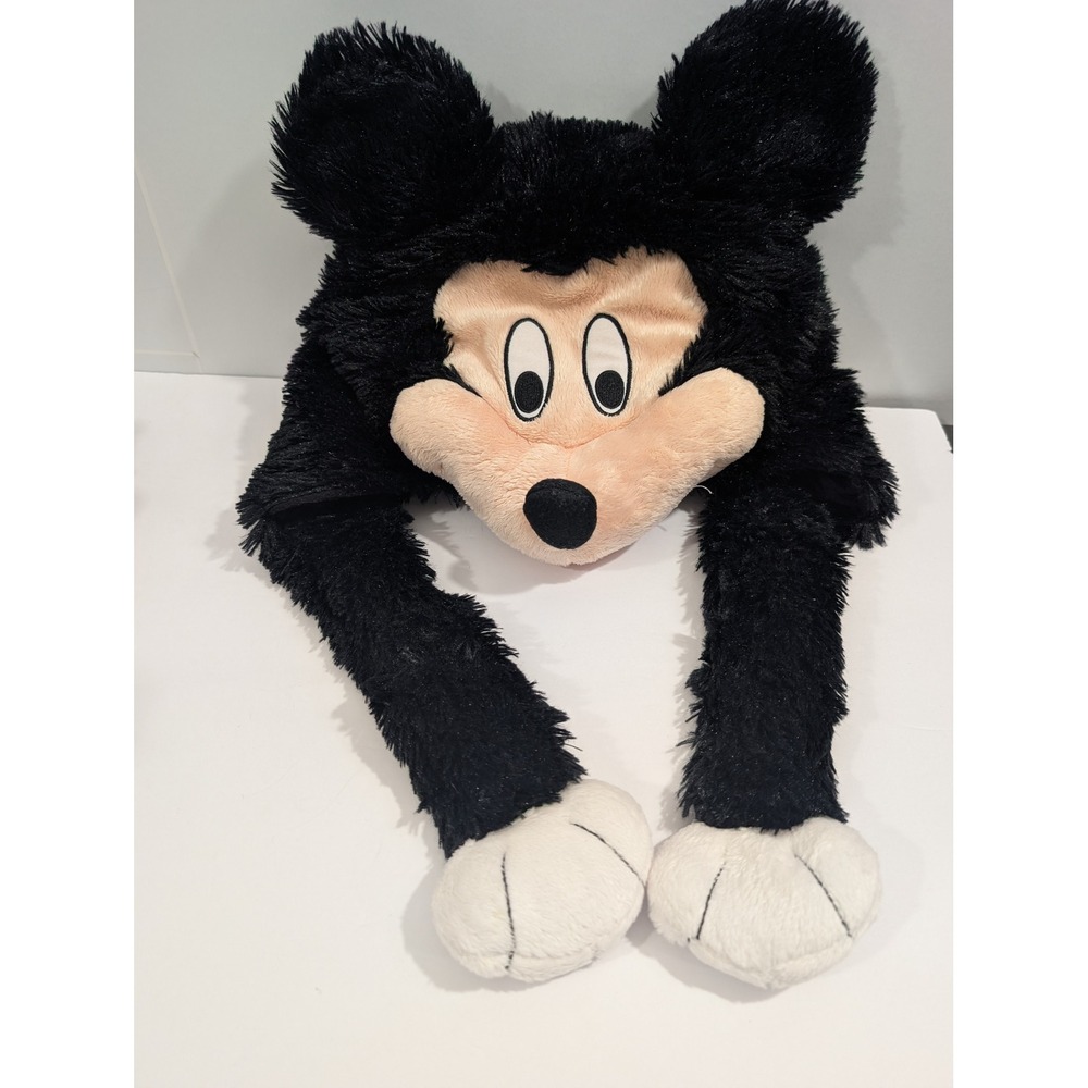Disney Mickey Mouse Pillow Pets Plush Snow Winter Hat Black Shaggy Faux Fur Ears